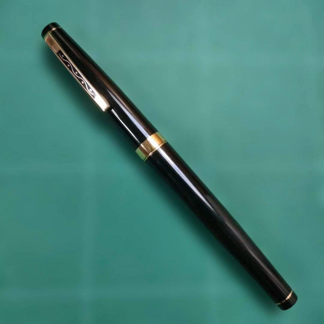 PLATINUM fountain pen capped, black body with gold trim on a green background.
