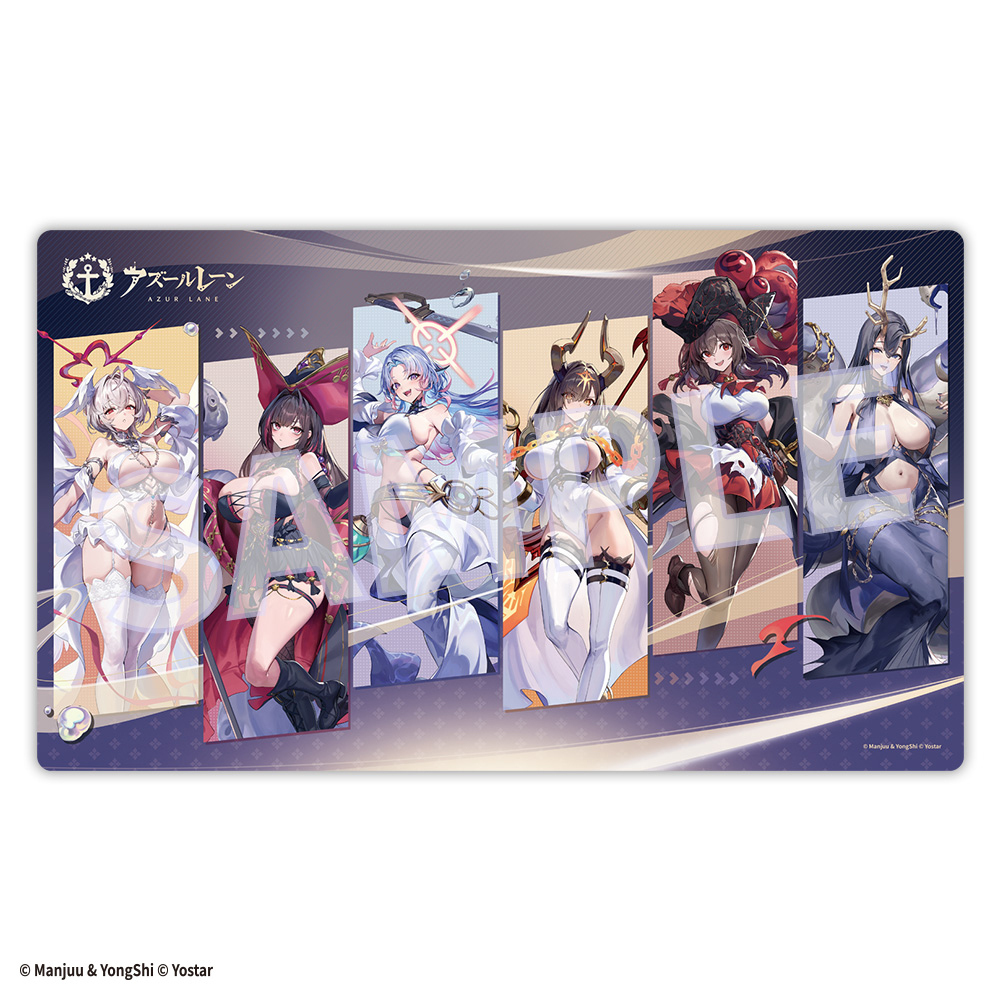 Rectangular polyester playmat printed with several anime-style female characters arranged in vertical panels on a purple-toned background.