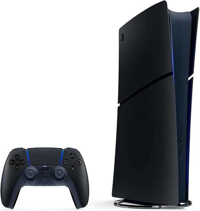 Front-right view of a PlayStation 5 Digital Edition Midnight Black console on its stand with a matching DualSense controller beside it.
