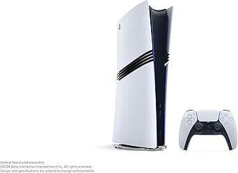 A PlayStation 5 Pro console standing vertically next to a DualSense controller on a white background.