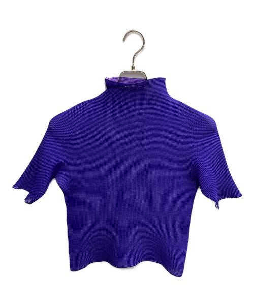 Purple pleated cut-and-sew polyester sweater on a hanger against a white background.