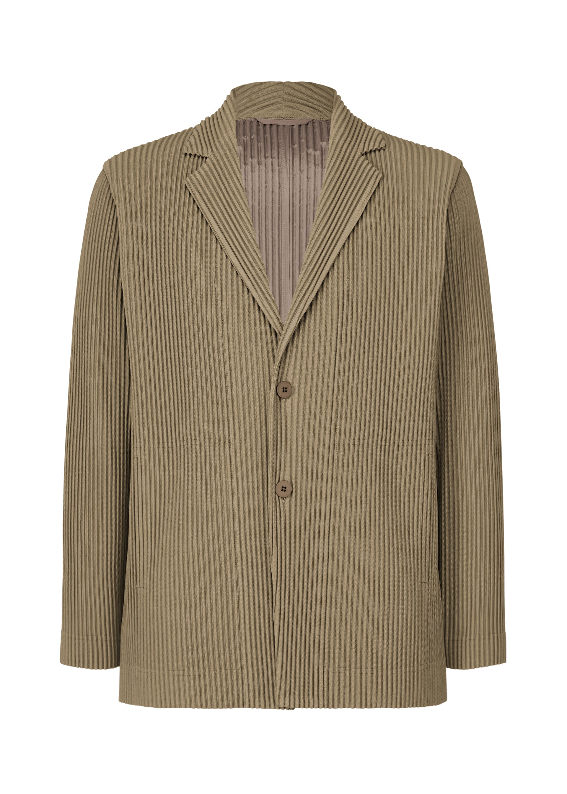 Front view of a women's pleated tailored jacket with notch lapel and two-button closure.