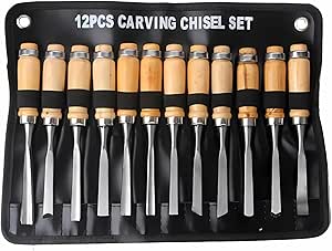 A 12-piece woodworking carving chisel set with wooden handles displayed in a black carrying pouch.