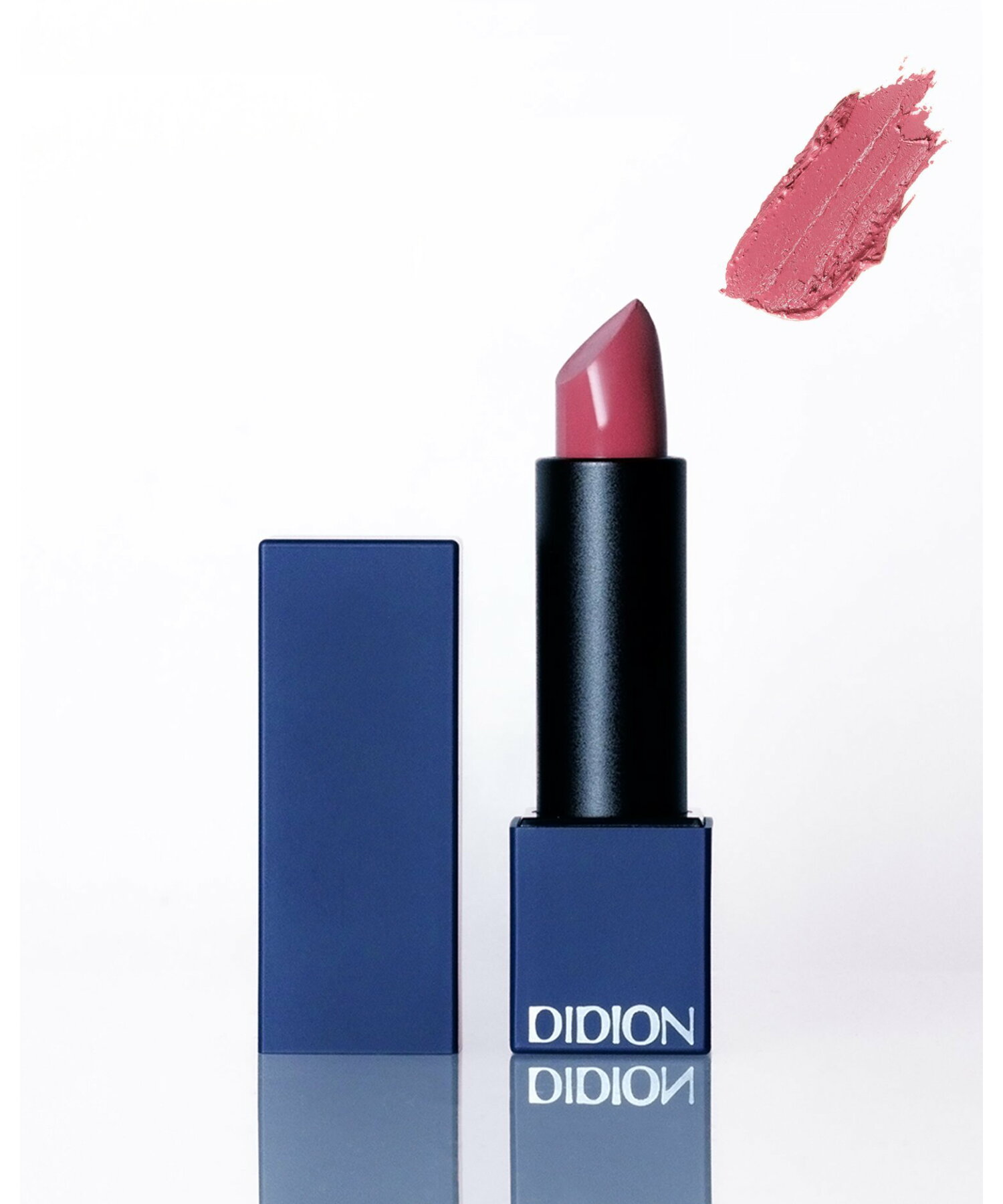 A blue-cased lipstick with the cap beside it showing a pink mauve lipstick bullet and a swatch of the color above.
