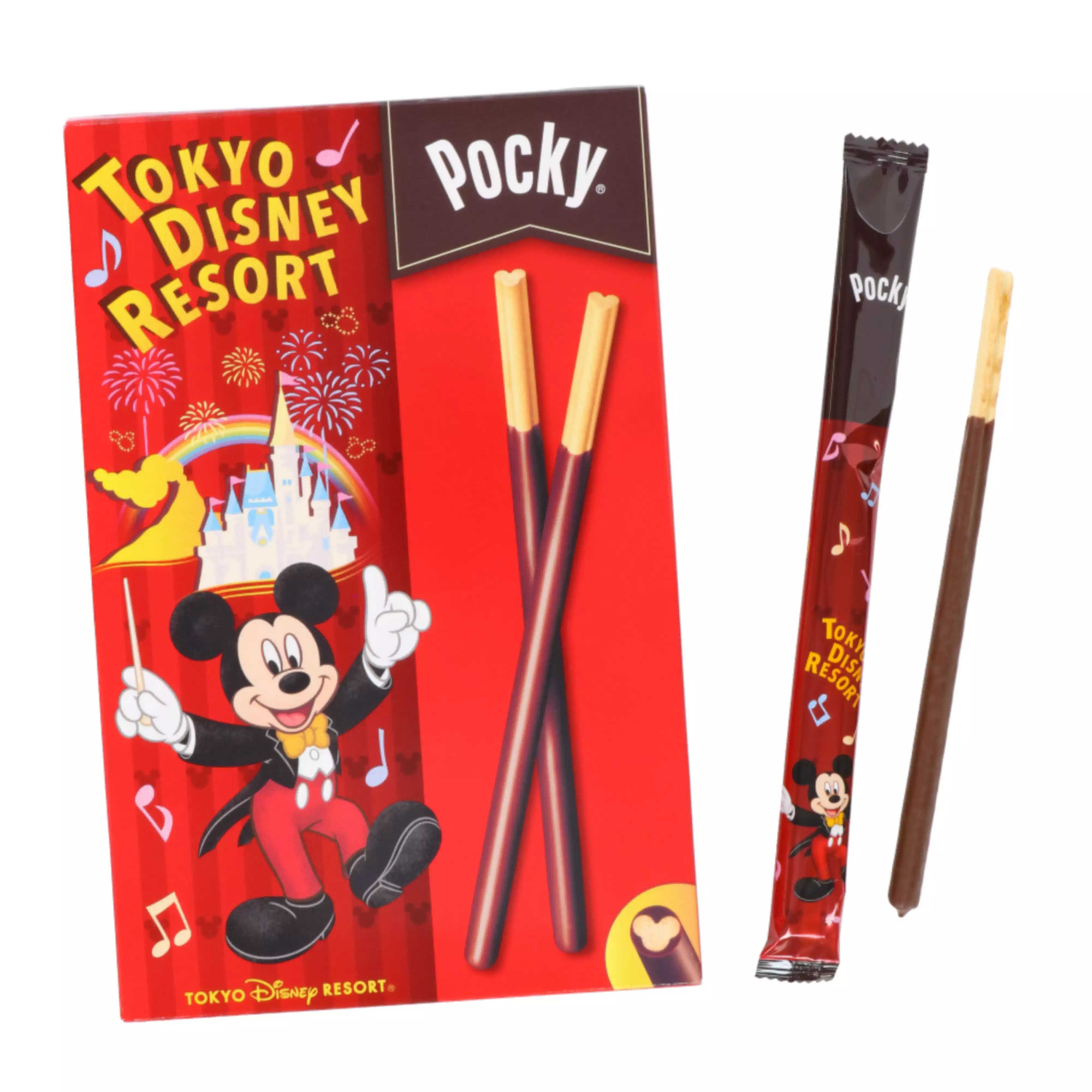 Red Tokyo Disney Resort Pocky paper box with Mickey Mouse artwork shown next to a wrapped Pocky stick and an unwrapped chocolate-coated Pocky stick.