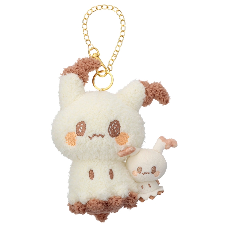 Photo of the Mimikyu plush keychain with a small matching plush attached on a white background.