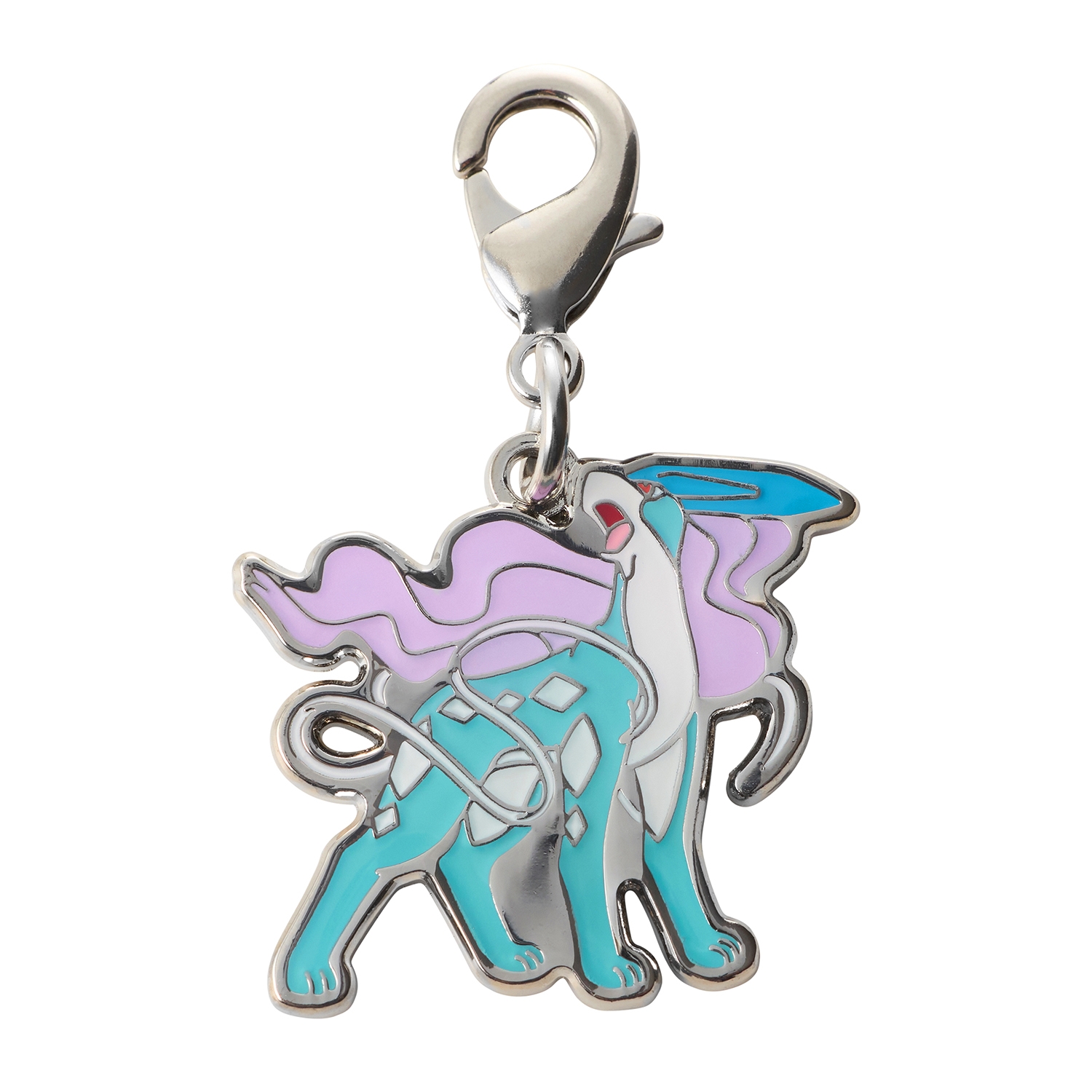 Metal enamel keychain charm with a lobster clasp showing a blue and purple stylized animal figure.
