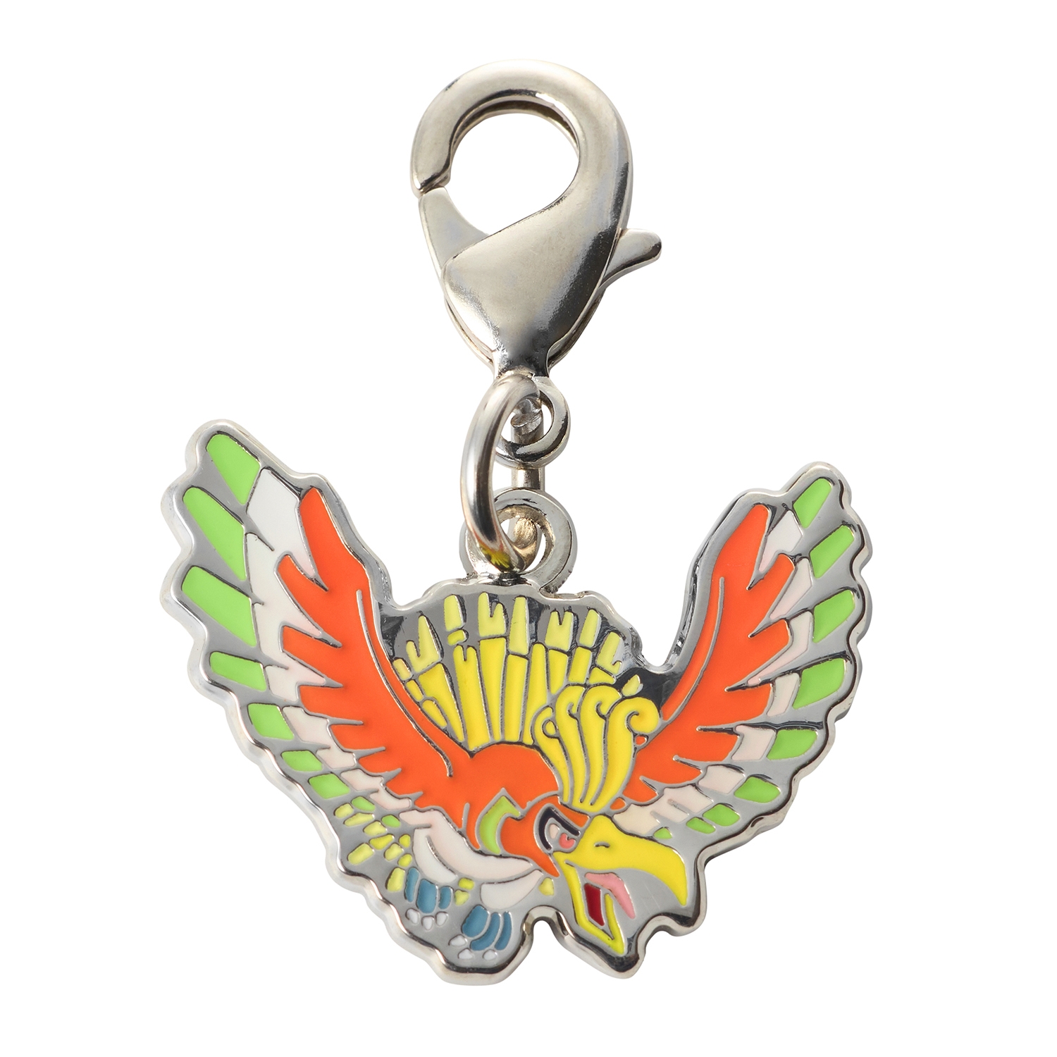 A metal keychain charm depicting a colorful bird with outstretched wings and a lobster clasp.
