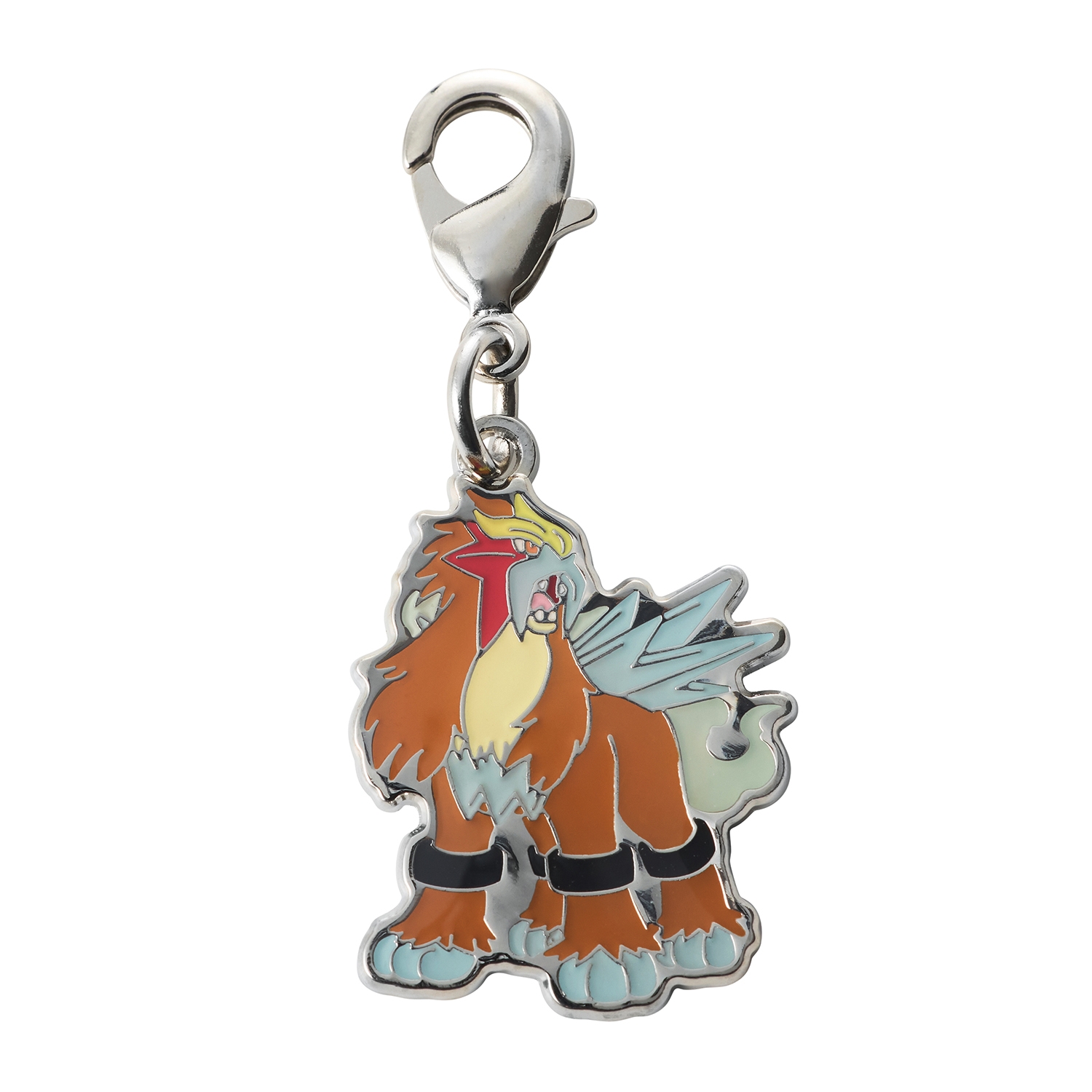 Zinc-alloy metal keychain charm showing an orange, blue, and yellow creature with a lobster clasp on a white background.