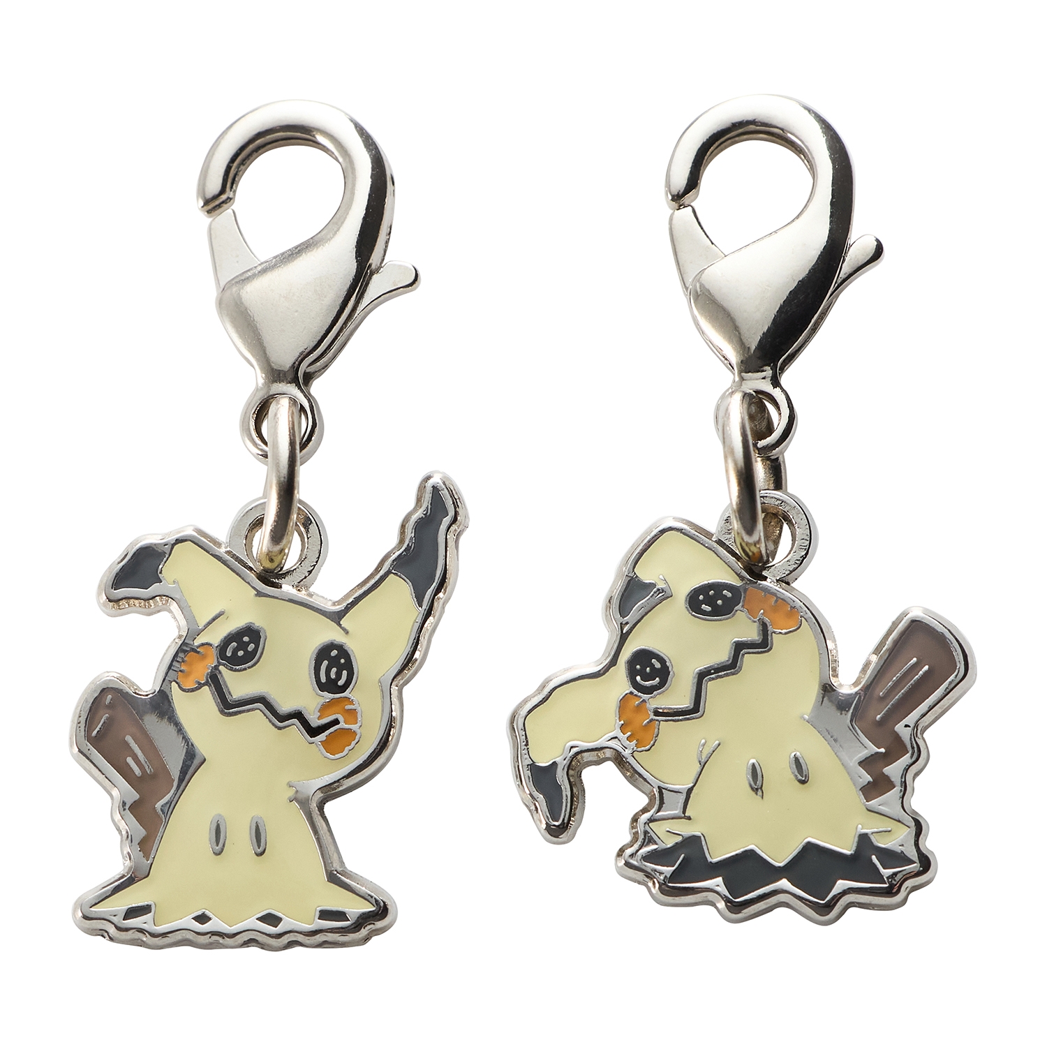 Two metal keychain charms with lobster clasps showing small yellow, stitched-style character figures.