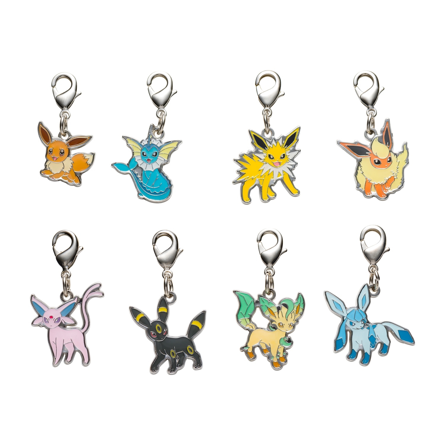 Multiple metal phone strap charms arranged in two rows, each charm attached to a small lobster clasp.