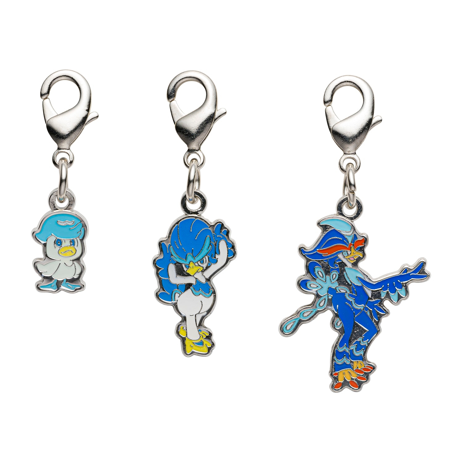 Three blue metal charm keychains with lobster-clasp attachments shown on a white background.