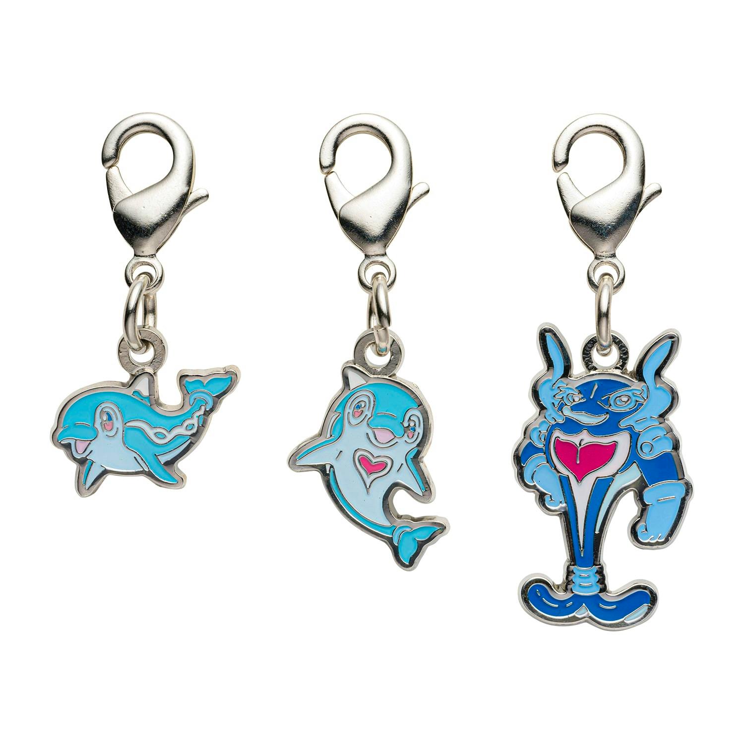 Three blue enamel metal keychain charms with lobster-claw clasps shown on a white background.