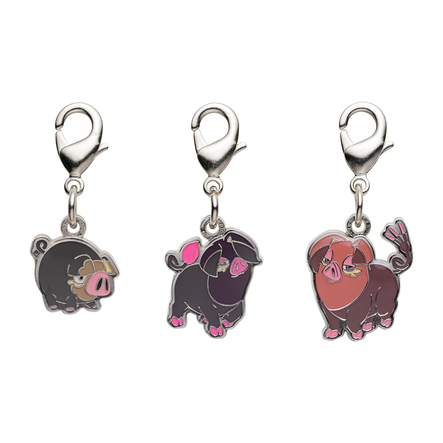 Three metal pig-shaped keychain charms (zinc alloy) with lobster clasp attachments shown on a white background.