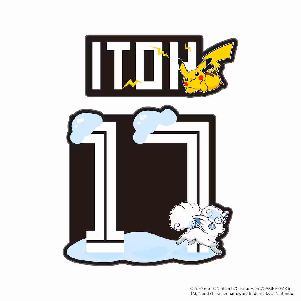 Two fabric patches for a baseball shirt: a rectangular name patch reading “ITOH” with Pikachu, and a large “#17” patch decorated with an Alolan Vulpix and snow details.