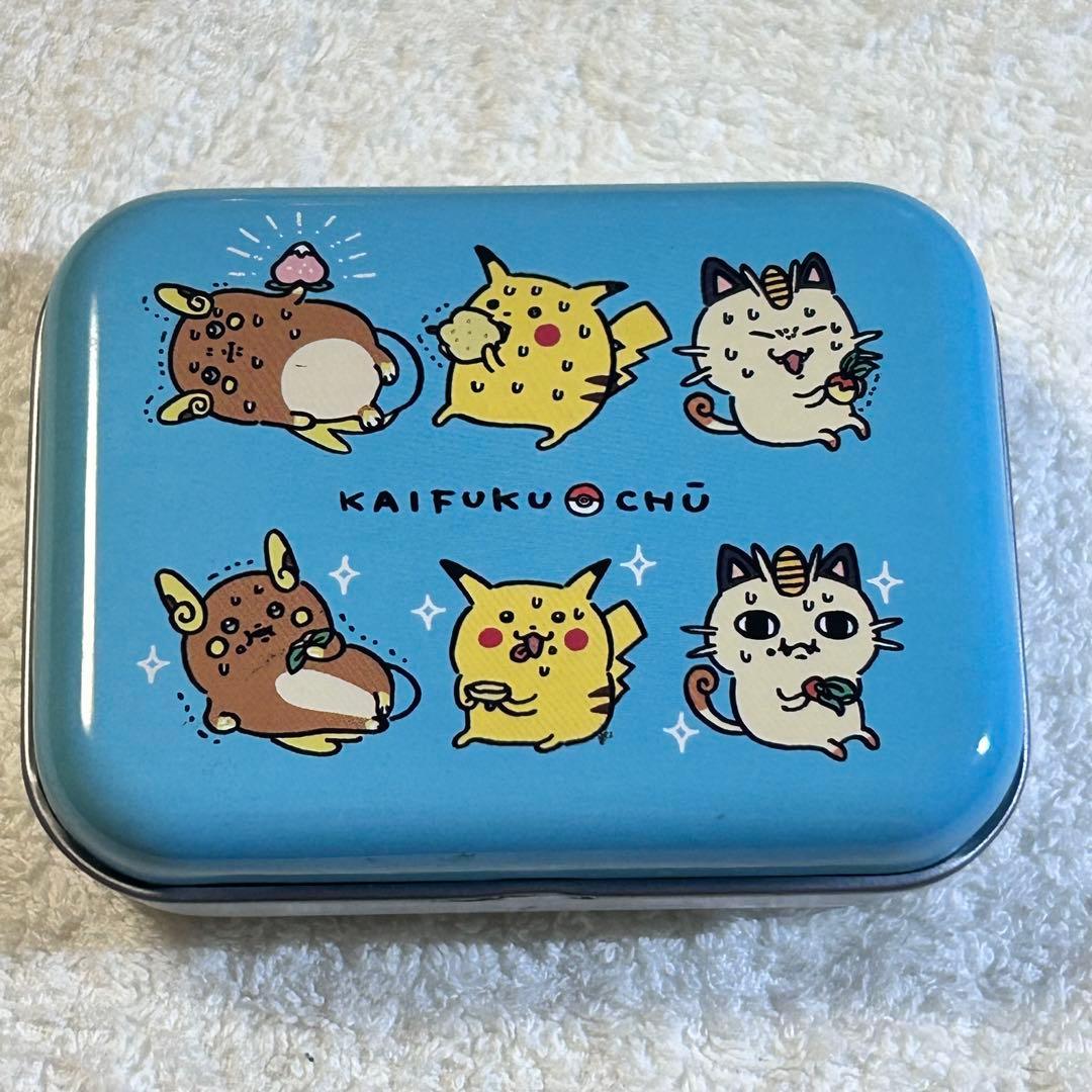 Blue square aluminum tin can with printed Pokémon CHU cartoon characters on the lid.
