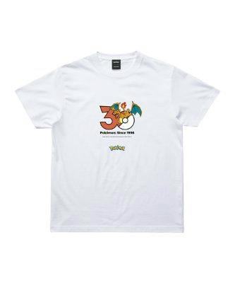 White cotton T-shirt front displaying Pokémon 30th Anniversary "30" graphic with Charizard and a small Pokémon logo below.