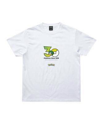 Front view of a white Pokémon 30th Anniversary cotton T-shirt with a green-and-yellow "30" logo and small Pokémon text printed on the chest.