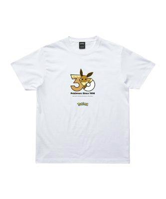 Front view of a white Pokémon 30th Anniversary T-shirt showing an Eevee inside a '30' graphic printed on the chest.