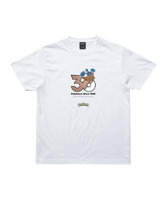 Front view of a white Pokemon 30th Anniversary T-shirt with a '30' anniversary graphic featuring Hitmontop printed on the chest.