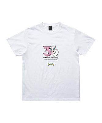 White cotton T-shirt with a centered Pokémon 30th Anniversary print featuring Jigglypuff and a '30' graphic.