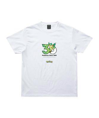 Front view of a white cotton Pokémon T-shirt with a green 30th Anniversary Leafeon graphic on the chest.