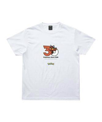 White cotton T-shirt with a centered Pokémon 30th Anniversary "30" graphic featuring ニャビー on the chest.
