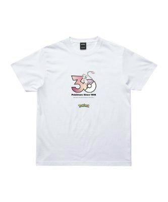 White cotton T-shirt with a centered Pokémon 30th Anniversary "ミュウ" (Mew) graphic and a small Pokémon logo below.