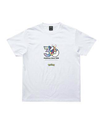 White cotton T-shirt laid flat showing a Pokémon 30th Anniversary front print featuring Milotic and the Pokémon logo.