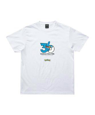 Front view of a white Pokémon 30th Anniversary 1025 cotton T-shirt with a centered blue "30" graphic featuring ミズゴロウ and a small Pokémon logo.