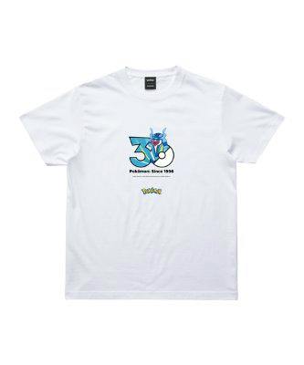 Front view of a white Pokemon 30th Anniversary T-shirt showing the イルカマン (マイティフォルム) '30' graphic printed on the chest.