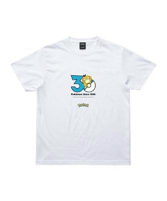 White Pokémon 30th Anniversary T-shirt showing a blue "30" graphic with a Psyduck illustration and small Pokémon logo on the front.