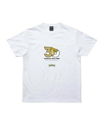 Front view of a white Pokémon 30th Anniversary T-shirt featuring a centered '30' logo with a small サンド illustration on the front.