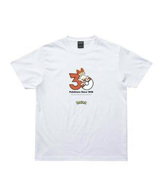 White cotton Pokémon 30th Anniversary T-shirt showing a centered 30th logo with ヒバニー (Scorbunny) on the chest.