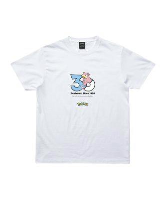 White Pokémon 30th Anniversary T-shirt showing a '30' graphic with Slowpoke (ヤドン) and a small Pokémon logo on the front.