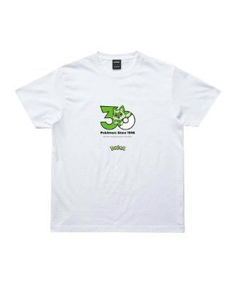 Front view of a white cotton T-shirt with a green '30' Pokémon 30th Anniversary graphic (ニャオハ) centered on the chest.