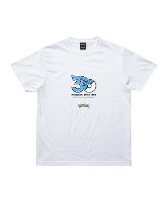 Front view of a white cotton Pokémon 30th Anniversary T-shirt with a centered '30' logo and a Wooper (ウパー) graphic on the chest.