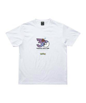 White cotton T-shirt with a centered Pokémon 30th Anniversary "30" graphic and a small Pokémon logo beneath.