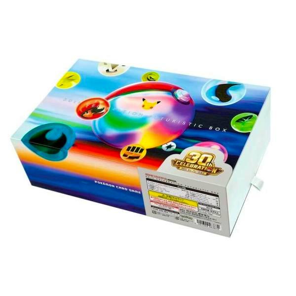 Photograph of the Pokémon 30th CELEBRATION FUTURISTIC BOX packaging showing colorful artwork and the "30th Celebration" logo.