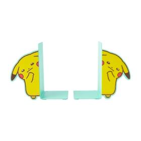 A pair of light-blue steel bookends featuring shy Pikachu illustrations, shown facing each other.