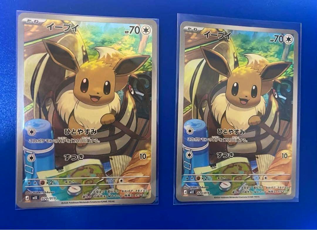 Two Eevee Pokémon trading cards shown front-side in clear sleeves on a blue background.