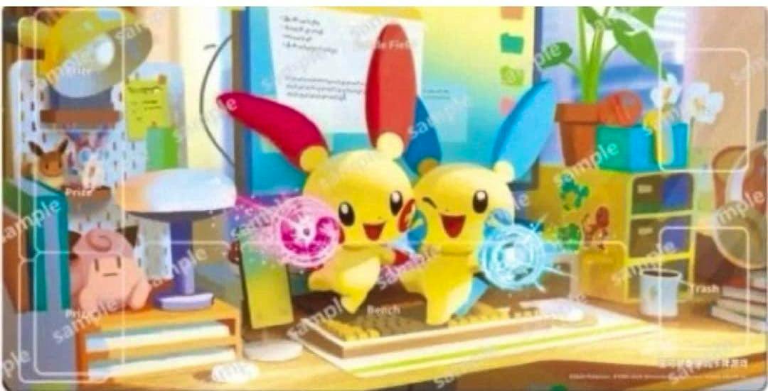 Pokemon playmat showing Plusle and Minun in a colorful room scene.