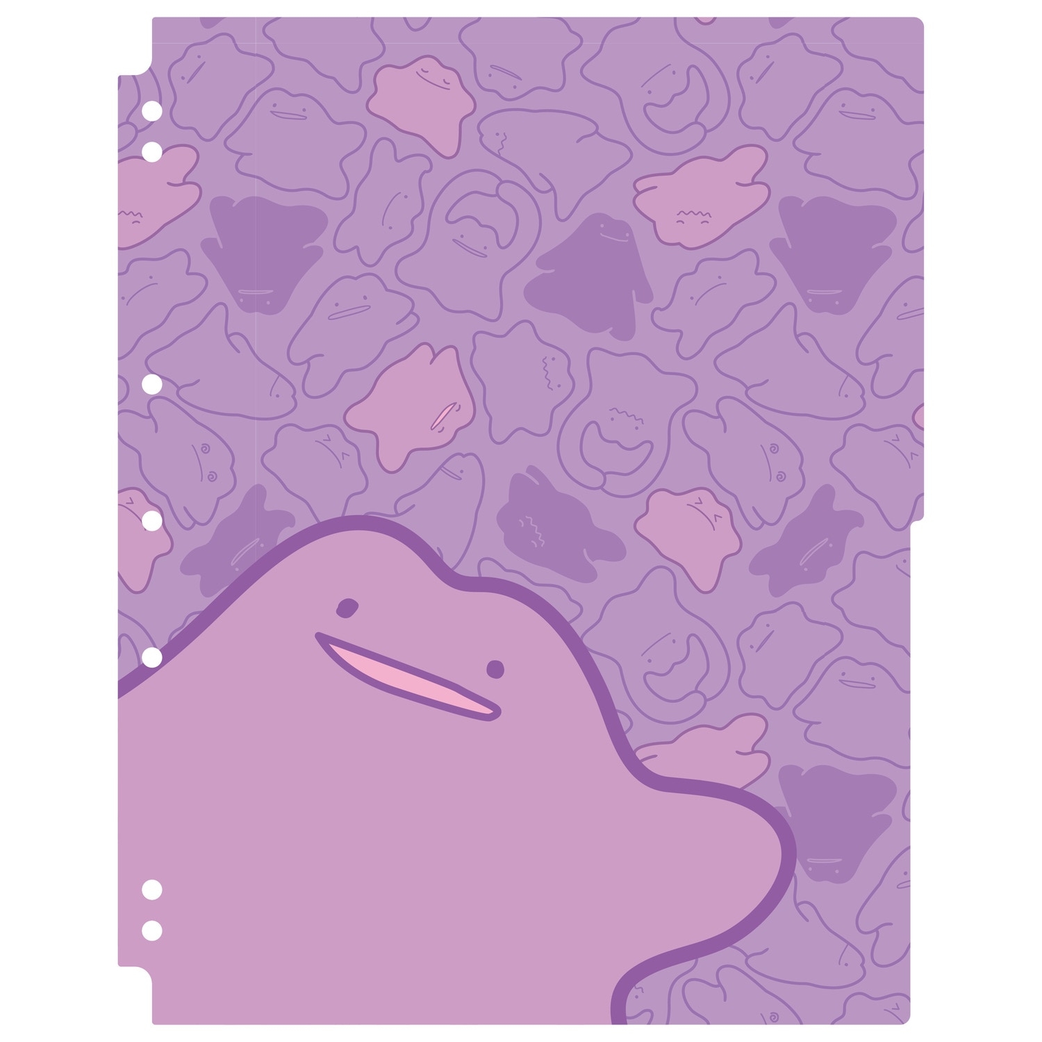 Purple clear file folder showing a large Ditto (Metamon) illustration with repeating Ditto pattern and binder holes on the left.