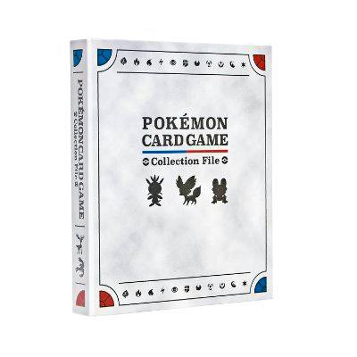 White Pokémon Card Game Collection File binder showing the cover text and three small Pokémon silhouettes.