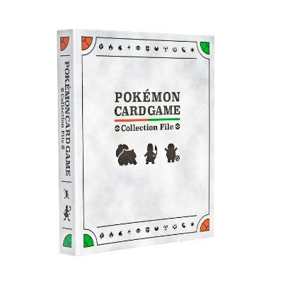 White Pokémon Card Game collection binder shown on a white background with printed title text and small Kanto starter Pokémon silhouettes on the front cover.