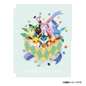 Clear file folder showing a colorful illustration of Eevees (Eevee and its evolutions) arranged in a decorative box.