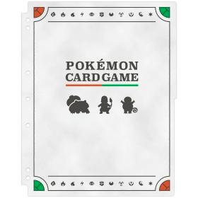 A Pokémon Card Game collection refill page (Kanto) showing three starter Pokémon silhouettes and three-hole punches along the left edge.