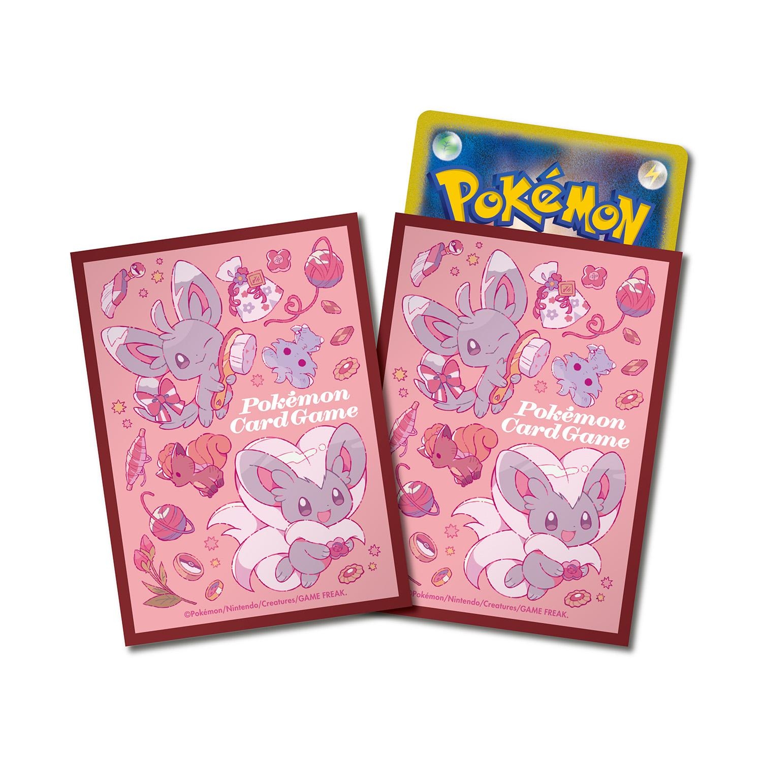 Two Pokémon card sleeves featuring チラーミィ＆チラチーノ pink design, one with a card partially inserted.