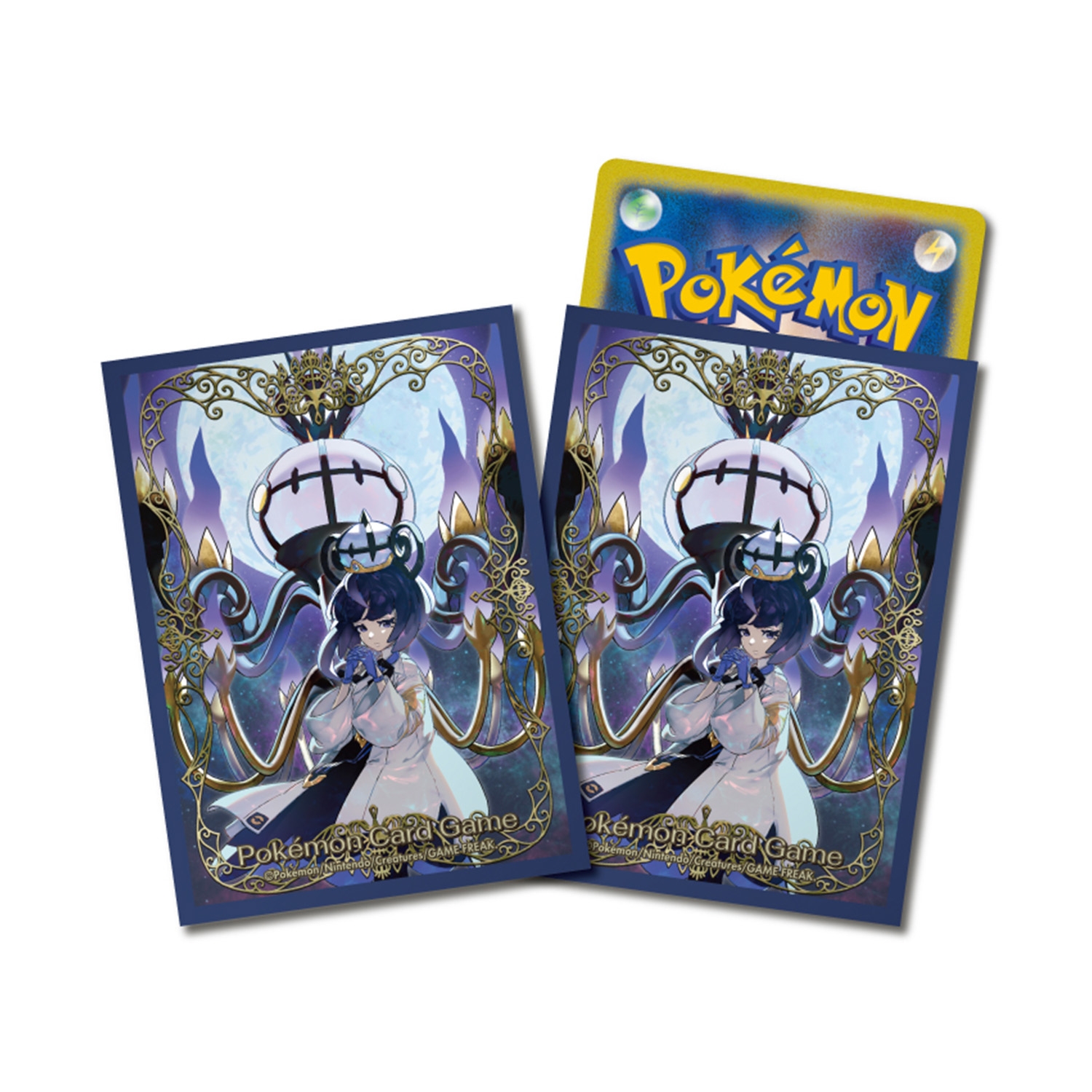 Two Pokémon Card Game deck sleeves showing the product artwork, one sleeve with a partially inserted Pokémon card.