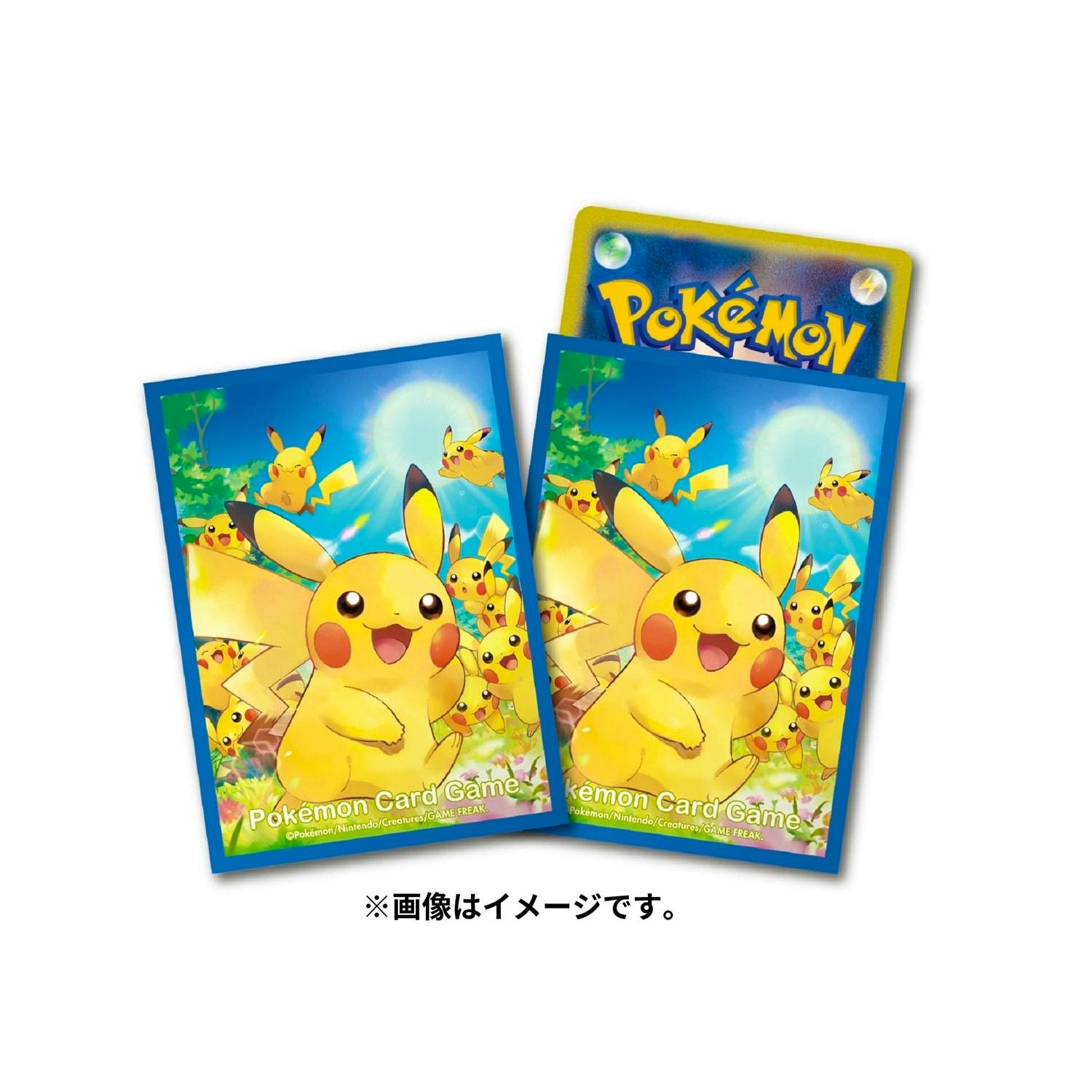 Two Pokémon deck sleeves showing a group of Pikachu on a bright blue background.